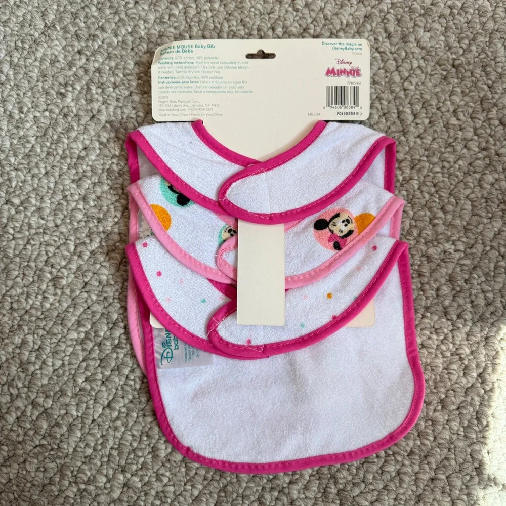 Disney Baby Minnie Mouse Bibs 3 Pack Pink White‎ Polka Dot New